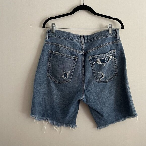 Forever 21 Wmn 28 Blue Medium Wash Distressed Raw Hem Button Fly Jean Shorts - Picture 7 of 10